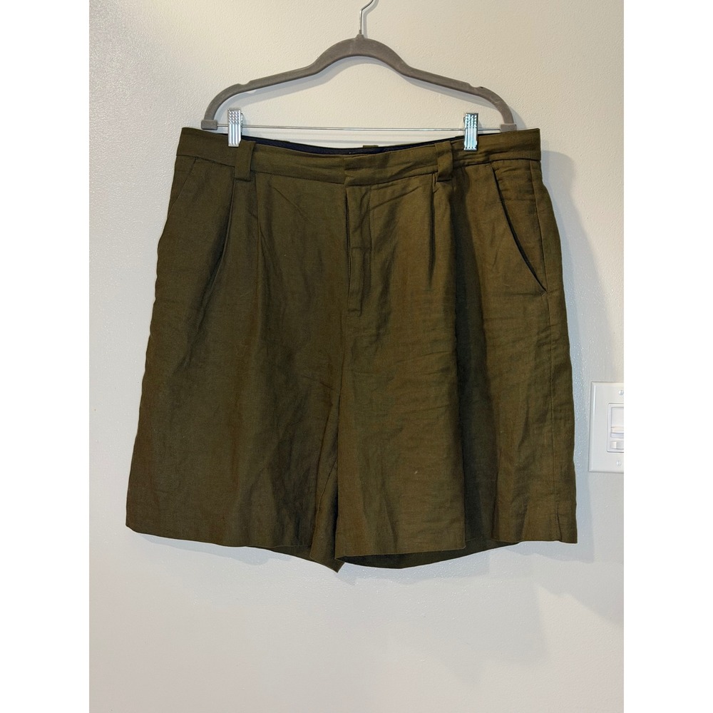 Olive Green Linen Blend Pleated High Rise Shorts Size 16